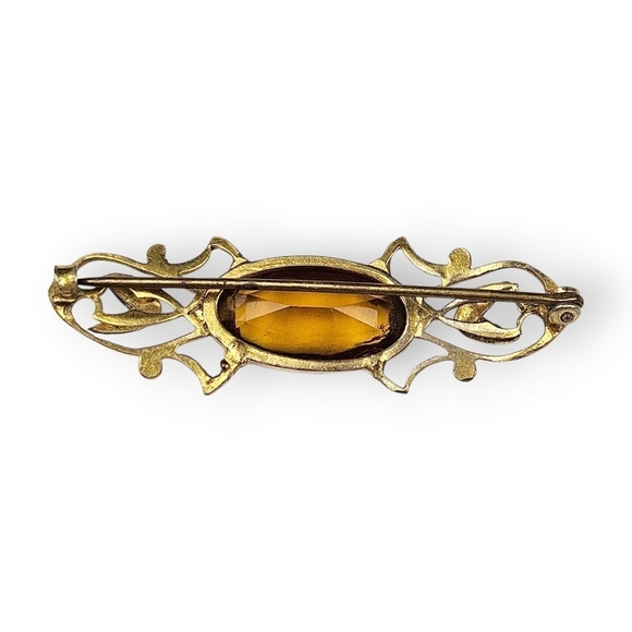 Antique Art Nouveau Bar Brooch Topaz Glass Gem Floral Gold Plated 1910s Vtg FLAW - Picture 6 of 8